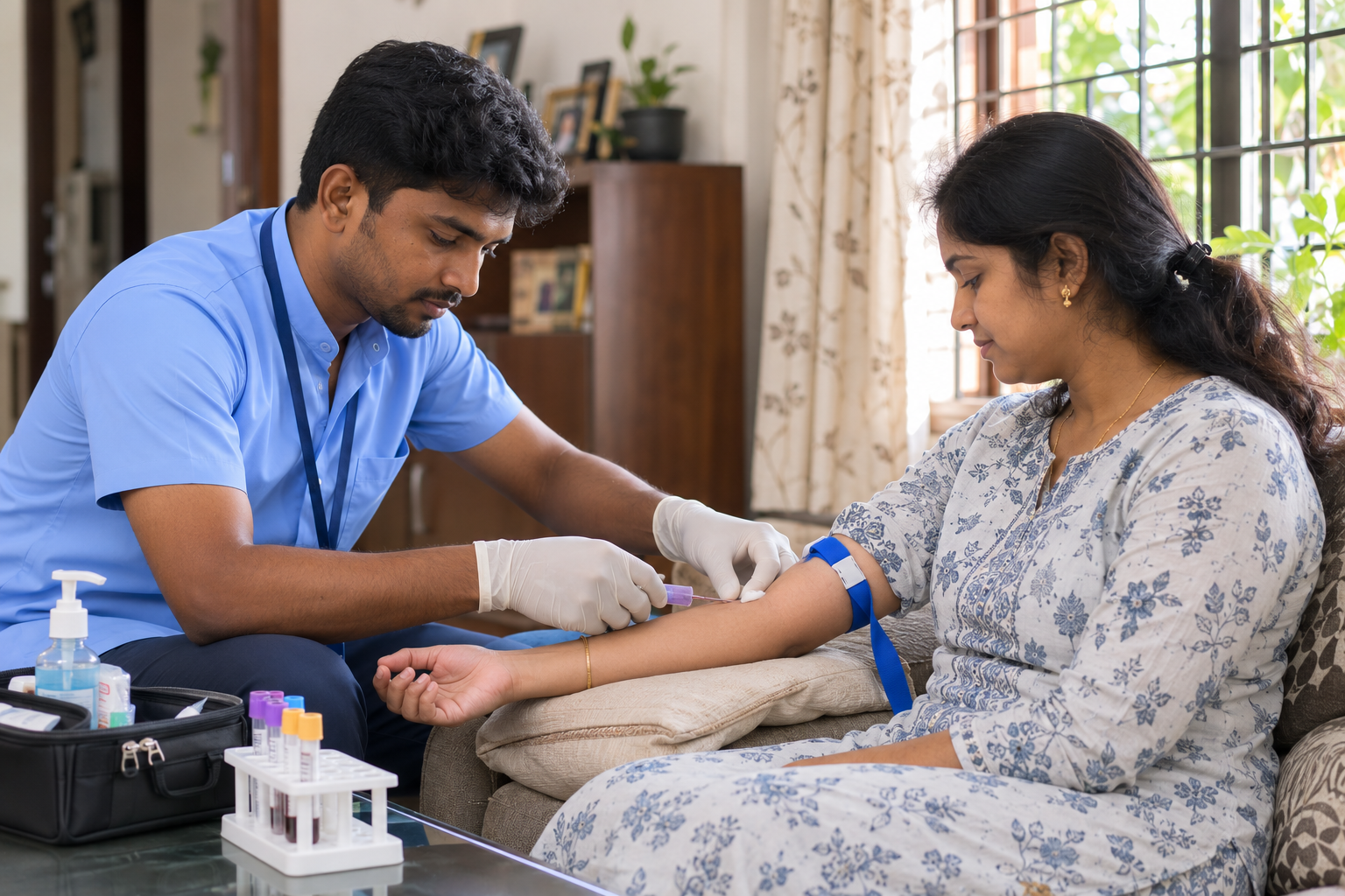 A blood sample being collected during a home visit